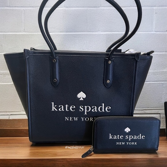kate spade Ella LOGO Pebbled Leather Tote + Wallet in Black NWT